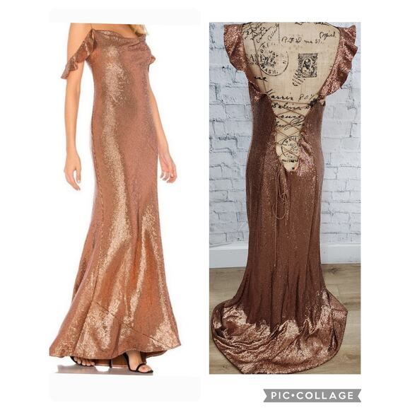 Rachel Zoe cecilia rose gold sequin gown Sz 12 Maxi formal Dress ACLC - Picture 1 of 5